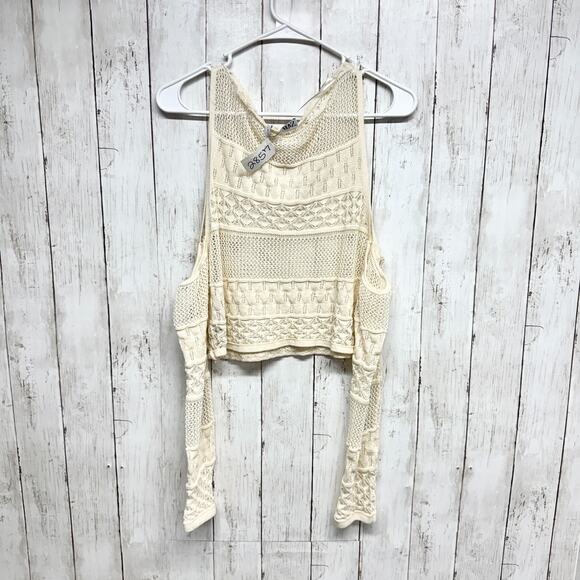 Zara Top Women Size Medium Cream Crochet Cold Shoulder Long Sleeve Crop Blouse - Picture 5 of 5